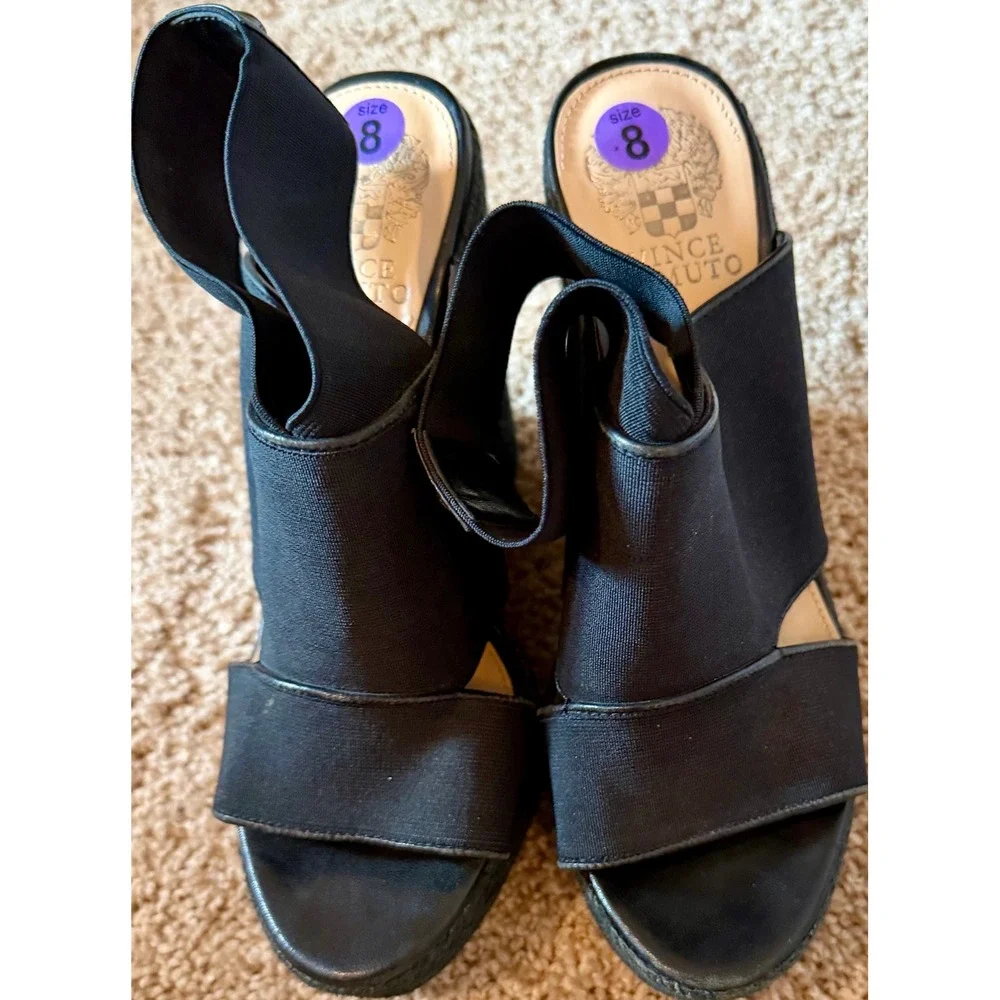 Vince Camuto Black Calf Hair Cork Platform Wedge Sandals Buckle Strap Size 8M 38